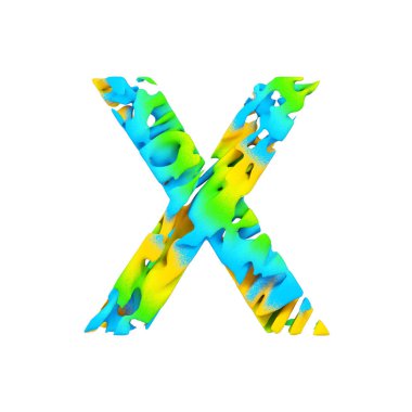 Alfabe harf X büyük harf. Mavi, yeşil ve sarı splash boya sıvı yazı tipi. Beyaz arka plan üzerinde izole 3d render.