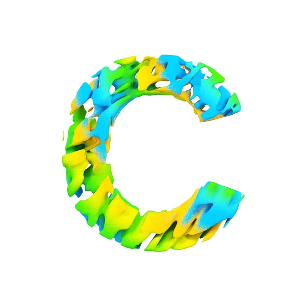 Alphabet letter C uppercase. Liquid font made of blue, green and yellow splash paint. 3D render isolated on white background.