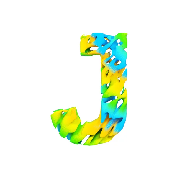 Alphabet bokstaven J versaler. Flytande teckensnitt tillverkad av blå, gröna och gula stänk färg. 3D render isolerad på vit bakgrund. — Stockfoto
