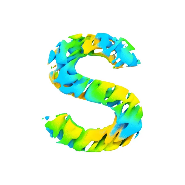 Alfabet letter S hoofdletters. Vloeibare lettertype gemaakt van blauwe, groene en gele splash verf. 3D render geïsoleerd op witte achtergrond. — Stockfoto