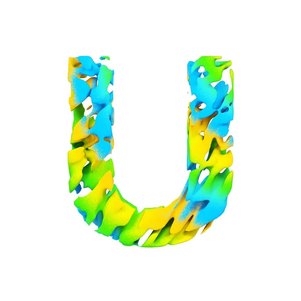 Алфавитная буква U прописная. Жидкий шрифт из синей, зеленой и желтой брызг краски. 3D рендеринг на белом фоне . — стоковое фото