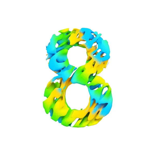 Alfabeto número 8. Fuente líquida hecha de pintura salpicada azul, verde y amarillo. Representación 3D aislada sobre fondo blanco . —  Fotos de Stock