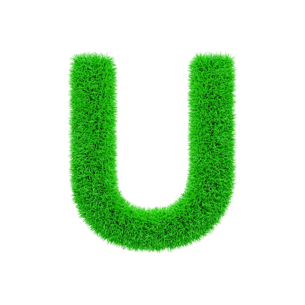 Alphabet bokstaven U versala. Gräsbevuxen teckensnitt tillverkade av färskt grönt gräs. 3D render isolerad på vit bakgrund. — Stockfoto
