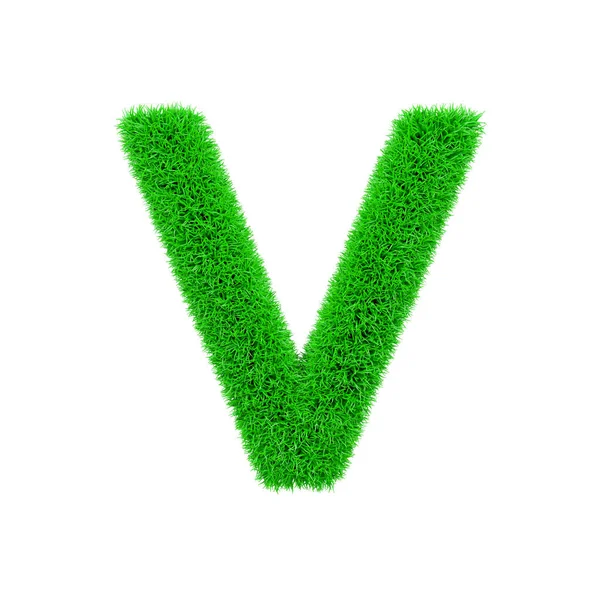 Letra del alfabeto V mayúscula. Fuente herbácea hecha de hierba verde fresca. Representación 3D aislada sobre fondo blanco . —  Fotos de Stock