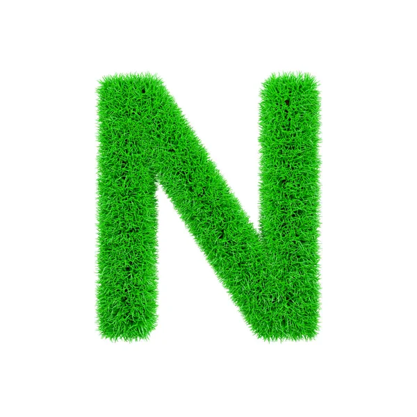 Alfabet letter N hoofdletters. Met gras begroeide lettertype gemaakt van vers groen gras. 3D render geïsoleerd op witte achtergrond. — Stockfoto
