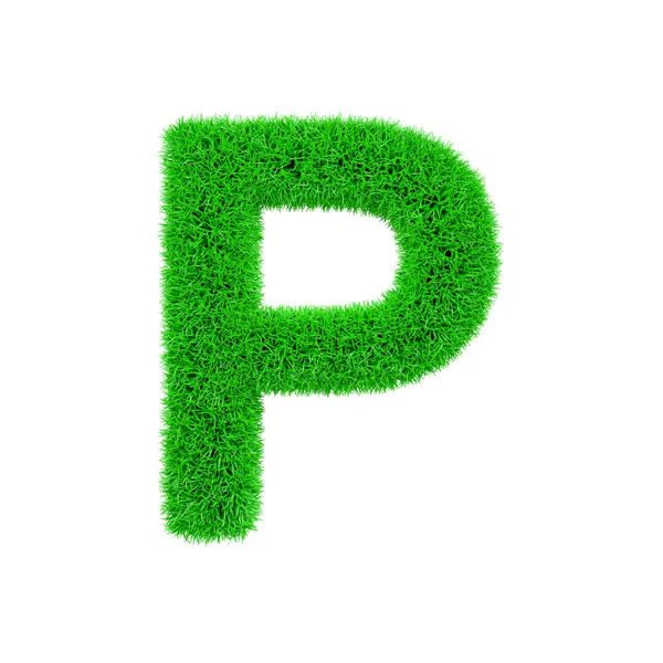 Buchstabe p Großbuchstaben. Grasbrunnen aus frischem grünen Gras. 3D-Darstellung isoliert auf weißem Hintergrund. — Stockfoto