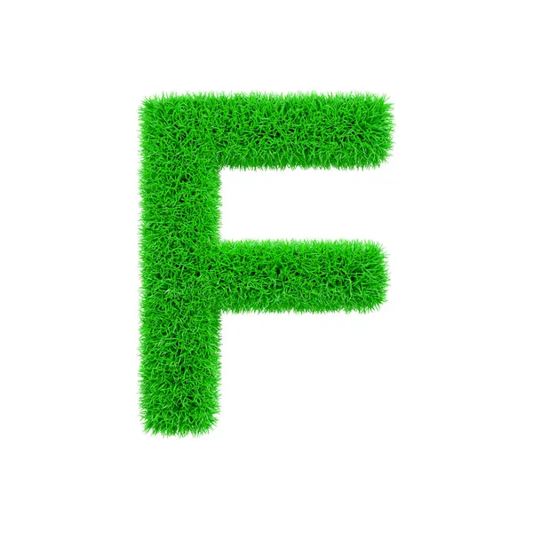 Alfabet letter F hoofdletters. Met gras begroeide lettertype gemaakt van vers groen gras. 3D render geïsoleerd op witte achtergrond. — Stockfoto