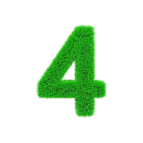 Alfabeto número 4. Fuente herbácea hecha de hierba verde fresca. Representación 3D aislada sobre fondo blanco . —  Fotos de Stock