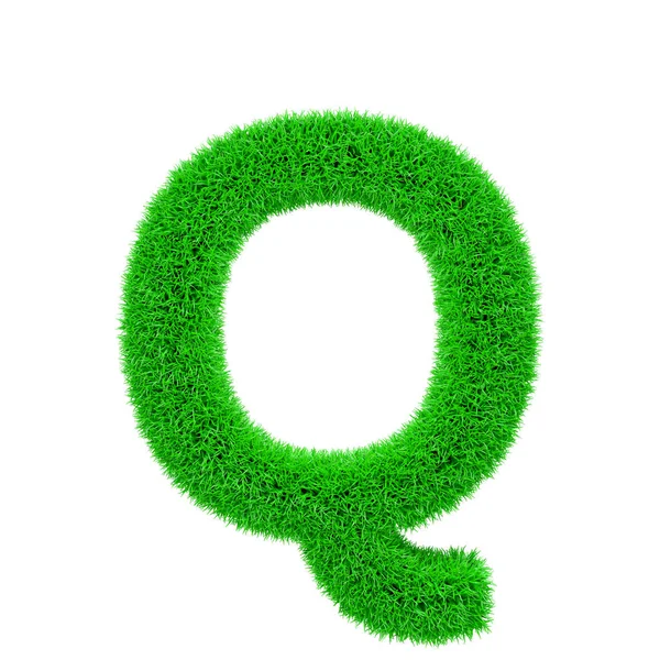 字母 Q 大写。绿草的草制字体。3d 渲染在白色背景下被隔离. — 图库照片