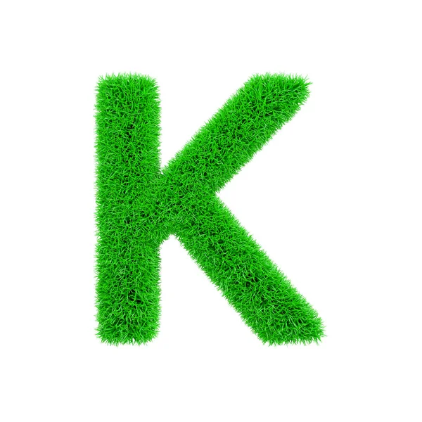 Алфавитная буква К. Травяной шрифт из свежей зеленой травы. 3D рендеринг на белом фоне . — стоковое фото