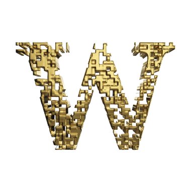 Alfabe harf büyük harf W. Altın yazı tipi sarı metalik şekillerden oluşan. Beyaz arka plan üzerinde izole 3d render.