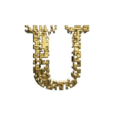 Alfabe harf U büyük harf. Altın yazı tipi sarı metalik şekillerden oluşan. Beyaz arka plan üzerinde izole 3d render.