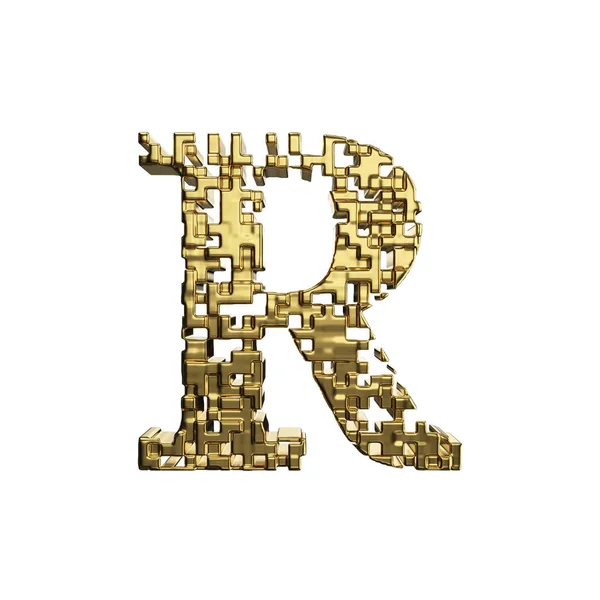 Alphabet bokstaven R versaler. Gyllene teckensnitt gjord av gula metalliska former. 3D render isolerad på vit bakgrund. — Stockfoto