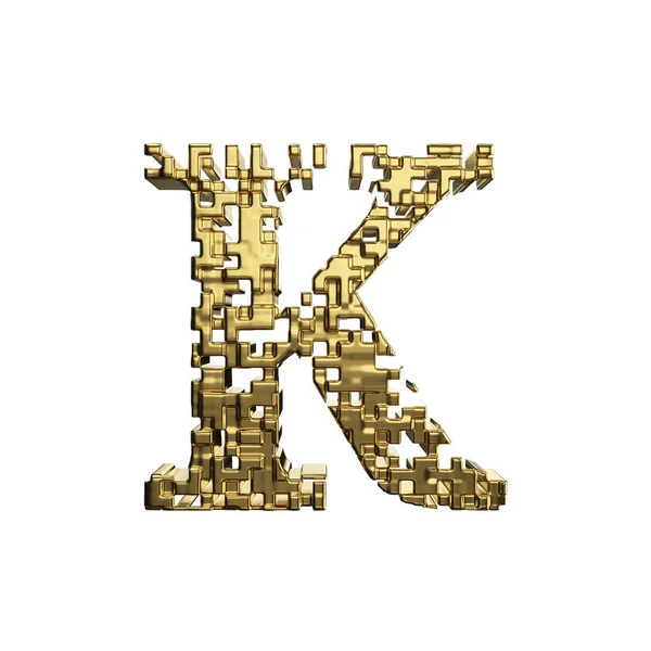 Alphabet bokstaven K versaler. Gyllene teckensnitt gjord av gula metalliska former. 3D render isolerad på vit bakgrund. — Stockfoto