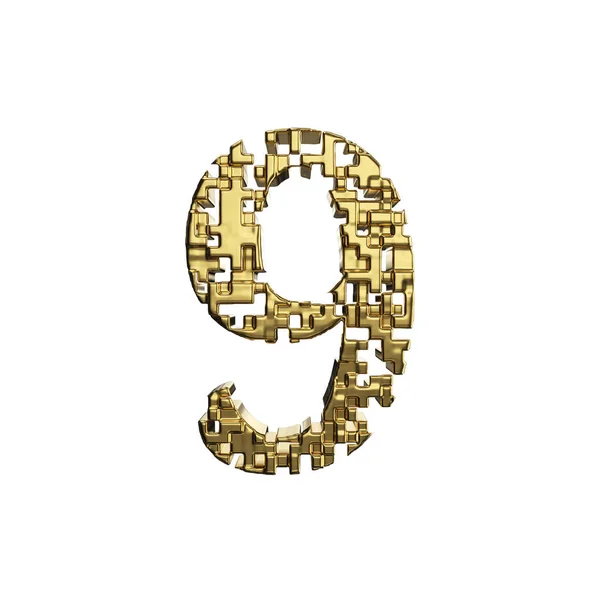 Alfabeto número 9. Fuente dorada hecha de formas metálicas amarillas. Representación 3D aislada sobre fondo blanco . — Foto de Stock