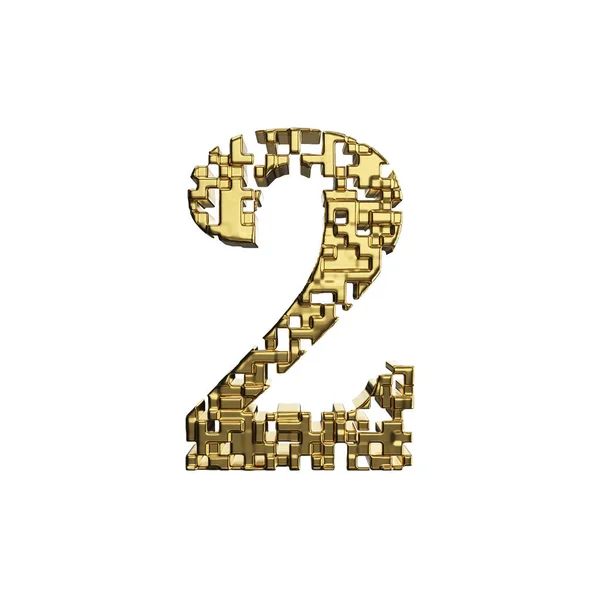 アルファベット数 2。黄色の金属形黄金のフォントで作られて。白い背景に分離された 3 d のレンダリング. — ストック写真