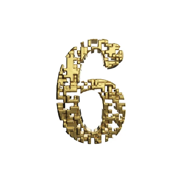 Alfabeto número 6. Fuente dorada hecha de formas metálicas amarillas. Representación 3D aislada sobre fondo blanco . — Foto de Stock