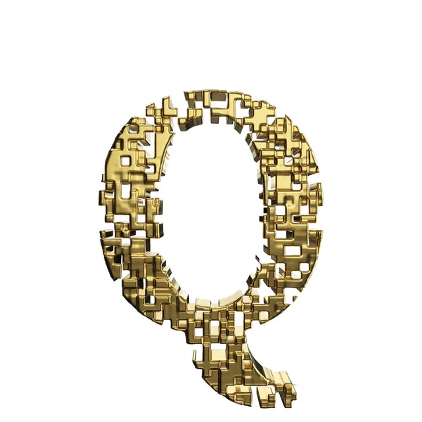 Alphabet bokstaven Q versaler. Gyllene teckensnitt gjord av gula metalliska former. 3D render isolerad på vit bakgrund. — Stockfoto