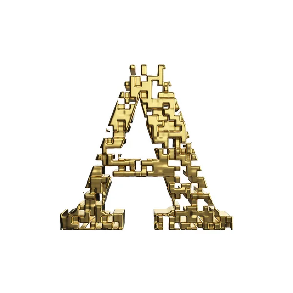 Letra alfabética A maiúscula. Fonte dourada feita de formas metálicas amarelas. Renderização 3D isolada em fundo branco . — Fotografia de Stock