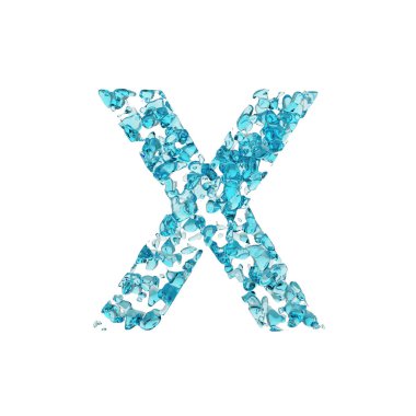 Alfabe harf X büyük harf. Mavi su sıvı yazı tipi bırakır. Beyaz arka plan üzerinde izole 3d render.