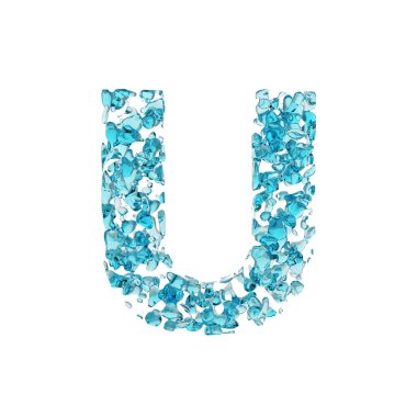 Alfabe harf U büyük harf. Mavi su sıvı yazı tipi bırakır. Beyaz arka plan üzerinde izole 3d render.