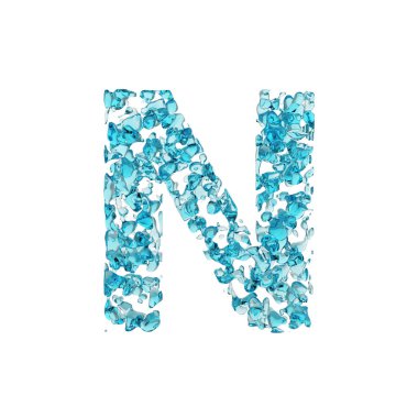 Alfabe harf N büyük harf. Mavi su sıvı yazı tipi bırakır. Beyaz arka plan üzerinde izole 3d render.