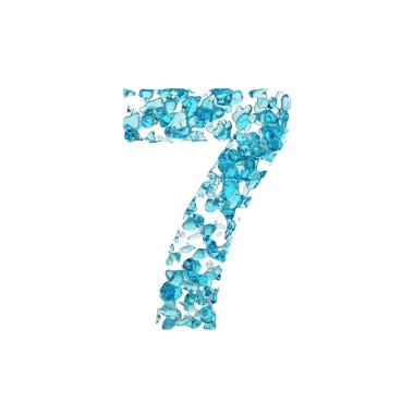 Alfabe sayısı 7. Mavi su sıvı yazı tipi bırakır. Beyaz arka plan üzerinde izole 3d render.