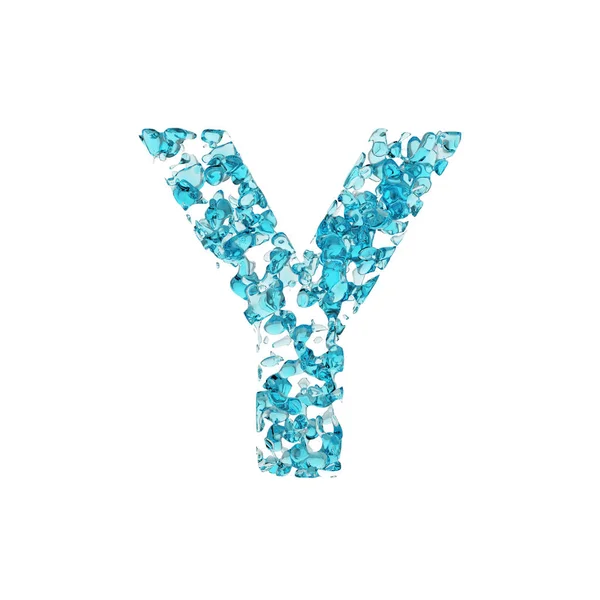 Letra del alfabeto Y mayúscula. Fuente líquida hecha de gotas de agua azul. Representación 3D aislada sobre fondo blanco . —  Fotos de Stock