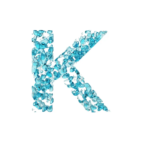 Letra alfabética K maiúscula. Fonte líquida feita de gotas de água azul. Renderização 3D isolada em fundo branco . — Fotografia de Stock