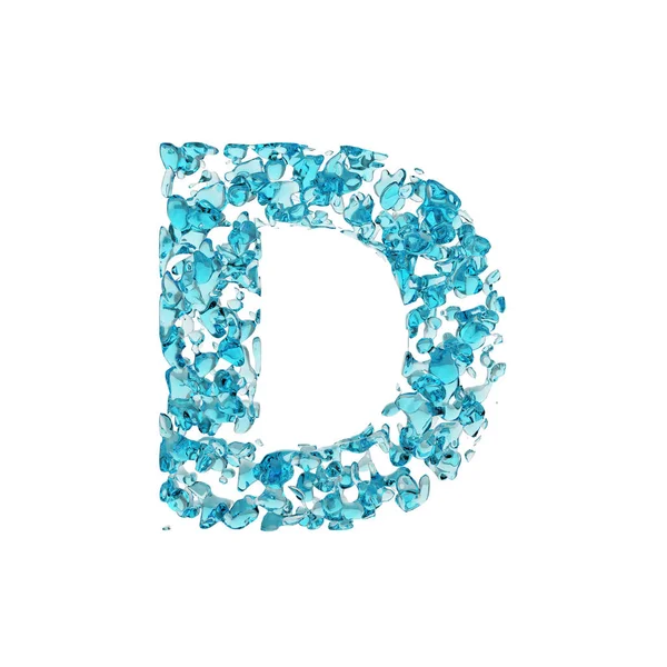 Huruf alfabet D huruf besar. Fonta cair yang terbuat dari tetes air biru. 3D render diisolasi di latar belakang putih . — Stok Foto