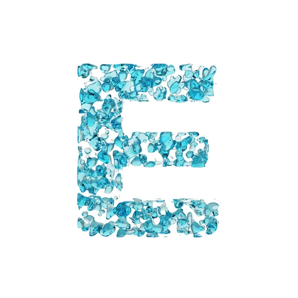 Letra del alfabeto E mayúscula. Fuente líquida hecha de gotas de agua azul. Representación 3D aislada sobre fondo blanco . —  Fotos de Stock
