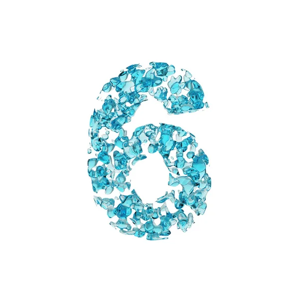 6 numaralı alfabe. Mavi su sıvı yazı tipi bırakır. Beyaz arka plan üzerinde izole 3d render. — Stok fotoğraf
