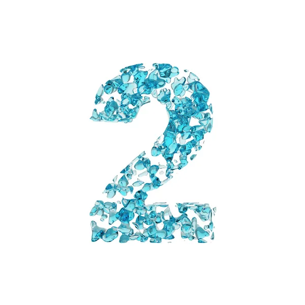 Alfabet nummer 2. Vloeibare lettertype gemaakt van blauwe water druppels. 3D render geïsoleerd op witte achtergrond. — Stockfoto