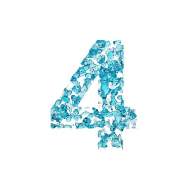 Alfabe sayı 4. Mavi su sıvı yazı tipi bırakır. Beyaz arka plan üzerinde izole 3d render.