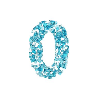 Alfabe numarası 0. Mavi su sıvı yazı tipi bırakır. Beyaz arka plan üzerinde izole 3d render.