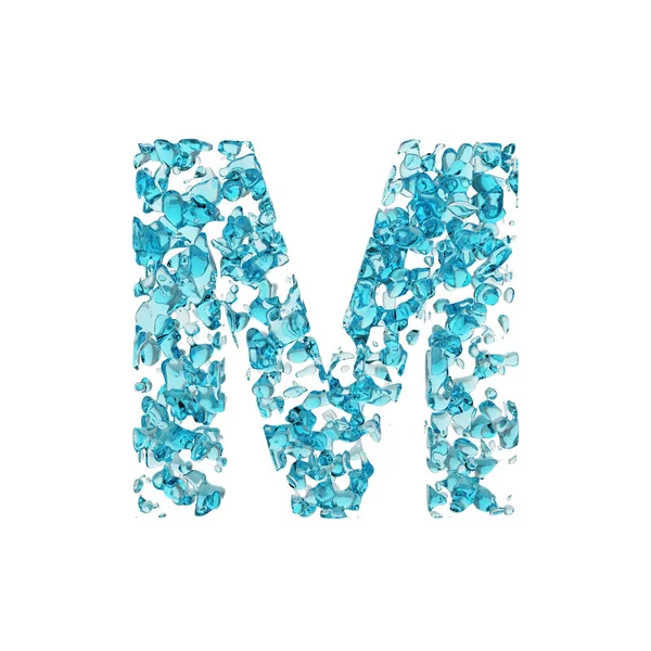 Huruf alfabet M uppercase. Fonta cair yang terbuat dari tetes air biru. 3D render diisolasi di latar belakang putih . — Stok Foto