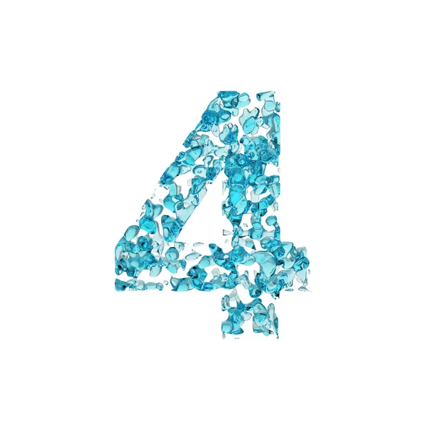 Alfabet nummer 4. Vloeibare lettertype gemaakt van blauwe water druppels. 3D render geïsoleerd op witte achtergrond. — Stockfoto