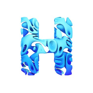 Alfabe harf H büyük harf. Mavi yazı tipi mürekkep splash su yapılmış. Beyaz arka plan üzerinde izole 3d render.