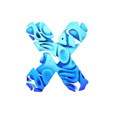 Alfabe harf X büyük harf. Mavi yazı tipi mürekkep splash su yapılmış. Beyaz arka plan üzerinde izole 3d render.