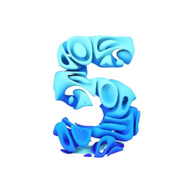 Alfabe sayı 5. Mavi yazı tipi mürekkep splash su yapılmış. Beyaz arka plan üzerinde izole 3d render.