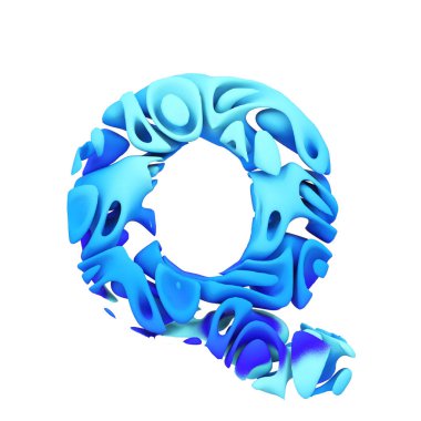 Alfabe harf Q büyük harf. Mavi yazı tipi mürekkep splash su yapılmış. Beyaz arka plan üzerinde izole 3d render.