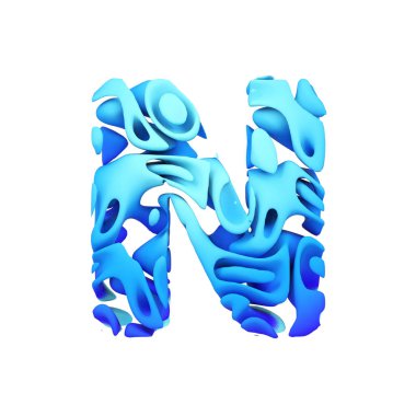 Alfabe harf N büyük harf. Mavi yazı tipi mürekkep splash su yapılmış. Beyaz arka plan üzerinde izole 3d render.