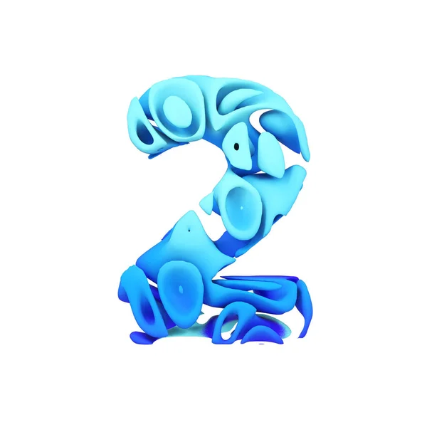 Alfabet nummer 2. Blauw lettertype gemaakt van inkt plons in het water. 3D render geïsoleerd op witte achtergrond. — Stockfoto