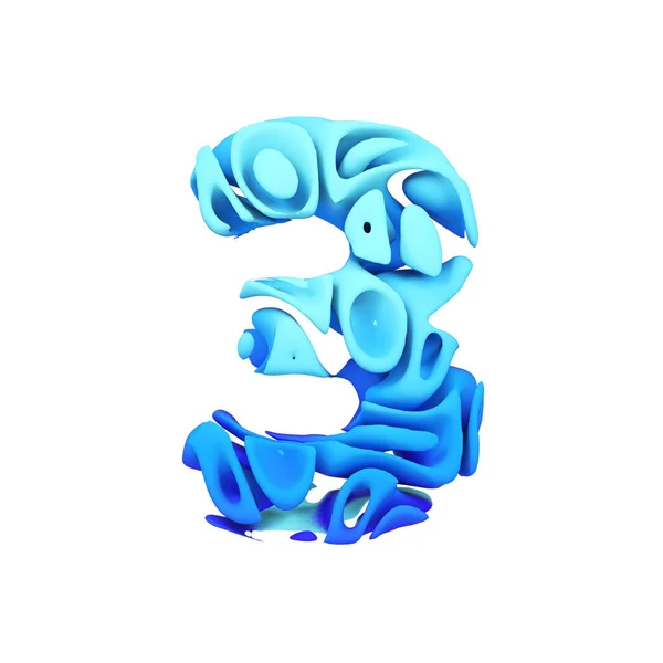 Alfabeto número 3. Fuente azul hecha de tinta salpicada en agua. Representación 3D aislada sobre fondo blanco . —  Fotos de Stock