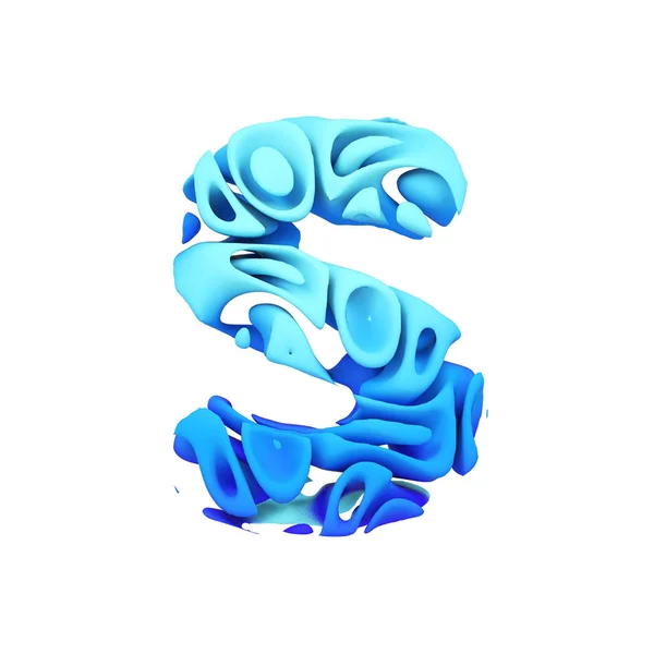 Alfabeto letra S maiúscula. Fonte azul feita de tinta respingo na água. Renderização 3D isolada em fundo branco . — Fotografia de Stock