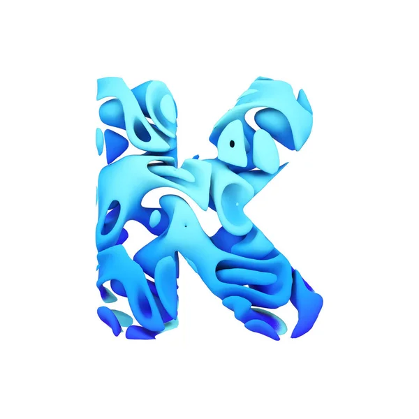 Alfabet letter K hoofdletters. Blauw lettertype gemaakt van inkt plons in het water. 3D render geïsoleerd op witte achtergrond. — Stockfoto