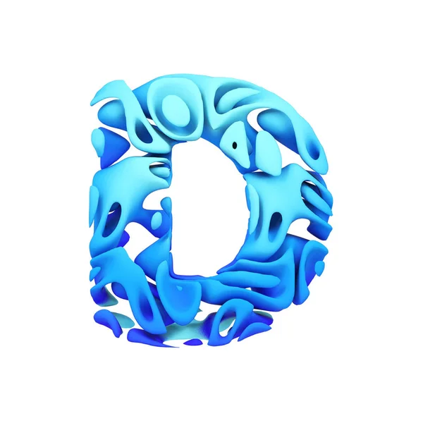 Alfabeto letra D maiúscula. Fonte azul feita de tinta respingo na água. Renderização 3D isolada em fundo branco . — Fotografia de Stock