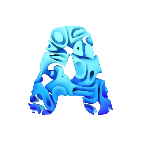 Letra alfabética A maiúscula. Fonte azul feita de tinta respingo na água. Renderização 3D isolada em fundo branco . — Fotografia de Stock