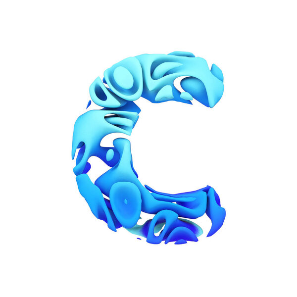 Alphabet letter C uppercase. Blue font made of ink splash in water. 3D render isolated on white background.
