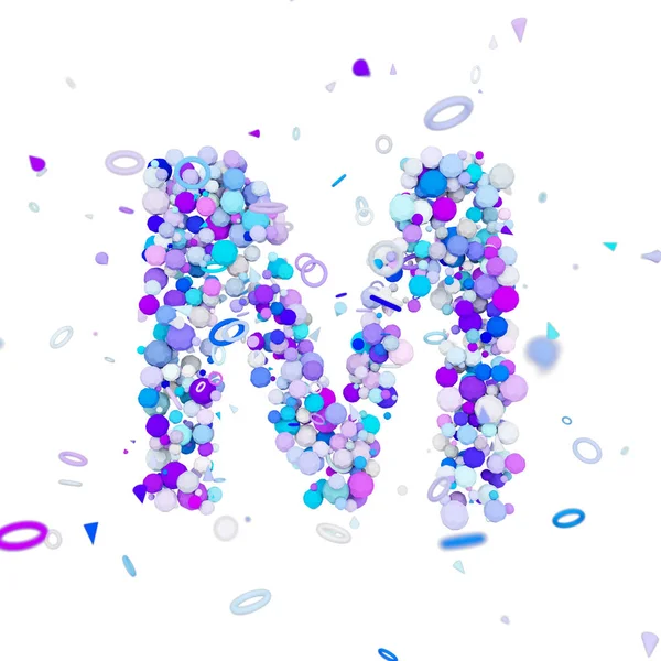 字母 M 大写。由蓝色球制成的滑稽字体。3d 渲染在白色背景下被隔离. — 图库照片